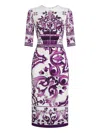 Dolce & Gabbana Violet Crewneck Dress With Rear Zip Closure And All-over Floral Print In Silk Stretch Woman In Purple