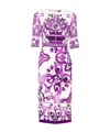 Dolce & Gabbana Violet Crewneck Dress With Rear Zip Closure And All-over Floral Print In Silk Stretch Woman In Purple