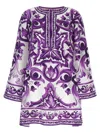 Dolce & Gabbana Majolica Silk Twill Long-sleeve Mini Shift Dress In Purple