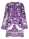 Dolce & Gabbana Majolica Silk Twill Long-sleeve Mini Shift Dress In Purple