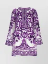 Dolce & Gabbana Majolica Silk Twill Long-sleeve Mini Shift Dress In Purple