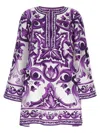 Dolce & Gabbana Majolica Silk Twill Long-sleeve Mini Shift Dress