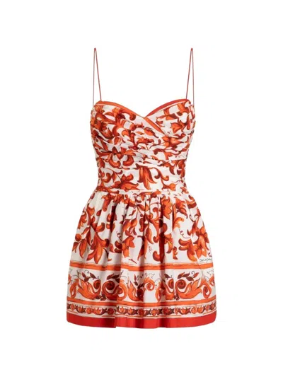 Dolce & Gabbana Majolica-print Poplin Short Dress In Red
