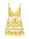 Dolce & Gabbana Short Majolica-print Brocade Dress With Straps In Yellow