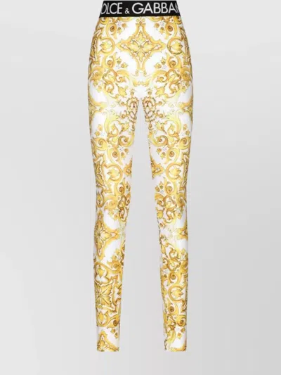 Dolce & Gabbana Majolica-print Logo-waistband Leggings In Yellow