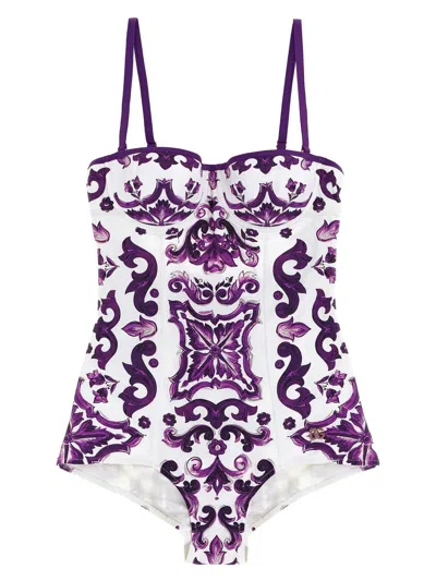 Dolce & Gabbana Maiolica Print One-piece Swimsuit In Purple