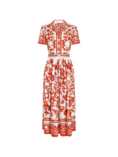 Dolce & Gabbana Maiolica Print Silk Maxi Dress In Orange