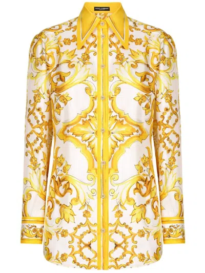 Dolce & Gabbana Majolica-print Silk Shirt In Yellow