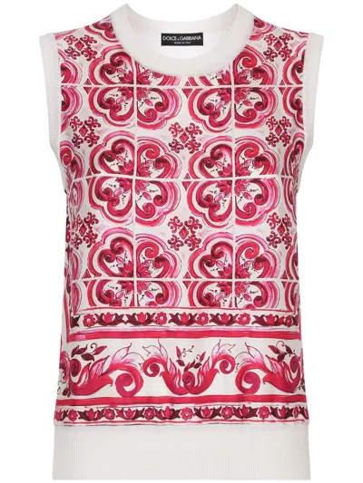Dolce & Gabbana Maiolica Print Silk Top In Fuchsia
