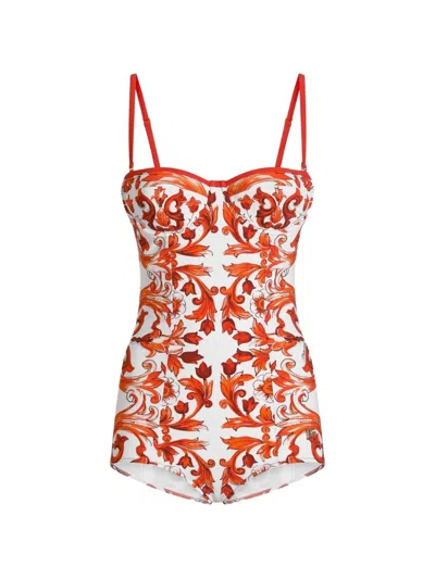 Dolce & Gabbana Maiolica Print Swimsuit In Brown