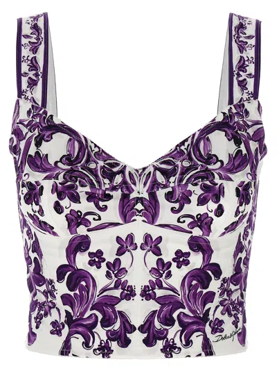 Dolce & Gabbana Violet Top With Sweetheart Neckline And All-over Graphic Print In Cotton Blend Woman In Purple