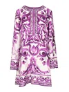 Dolce & Gabbana Majolica Silk Twill Long-sleeve Mini Shift Dress In Multi