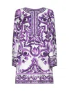 Dolce & Gabbana Majolica Silk Twill Long-sleeve Mini Shift Dress
