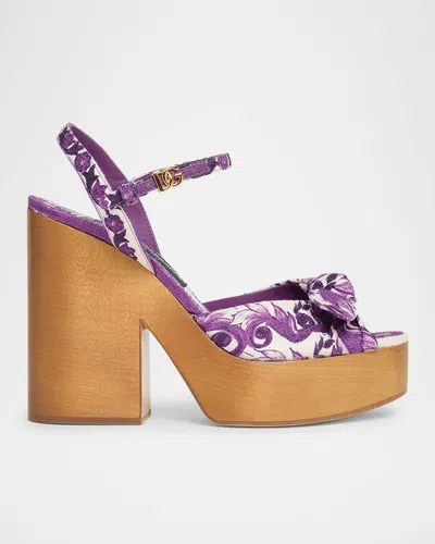 Dolce & Gabbana Maiolica Printed Knot Platform Sandals In Purple
