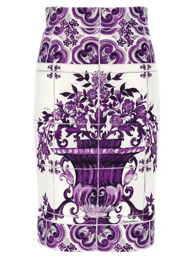 Dolce & Gabbana Purple Maiolica Print Silk Skirt In White