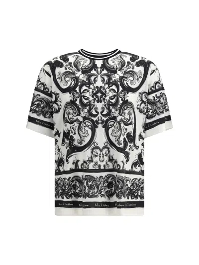 Dolce & Gabbana Men Black And White Crewneck T-shirt With All-over Graphic Print In Cotton Man In Multi