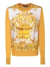 Dolce & Gabbana Silk Sweater With Majolica-print Silk Twill Panel On The Front In Yellow