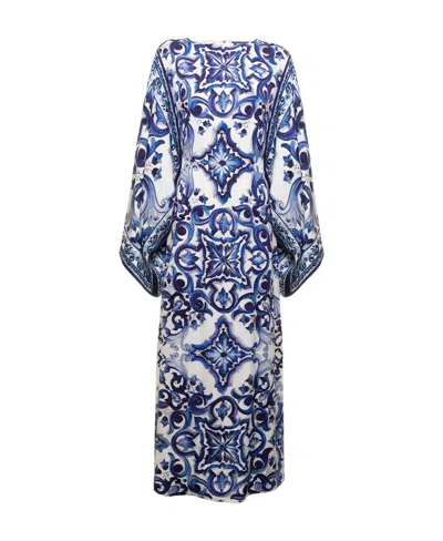 Dolce & Gabbana Maiolica-print Batwing-sleeve Dress In Blue
