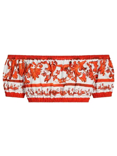 Dolce & Gabbana Maiolicaprint Cotton Poplin Top In Orange In Purple