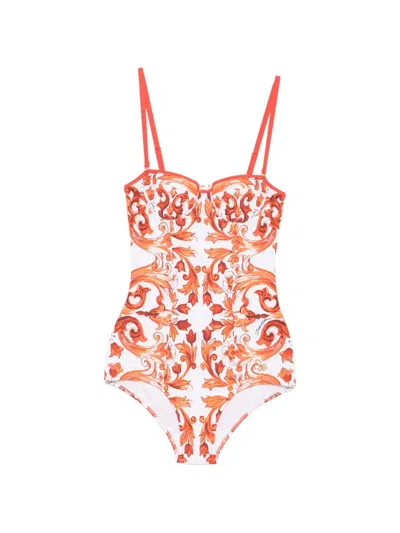 Dolce & Gabbana Maiolica-print Swimsuit In Orange