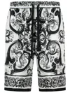 Dolce & Gabbana Maiolica Black And White Shorts With Elastic Drawstring Closure And All-over Print In Silk Man In Black