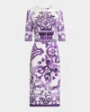 Dolce & Gabbana Violet Crewneck Dress With Rear Zip Closure And All-over Floral Print In Silk Stretch Woman