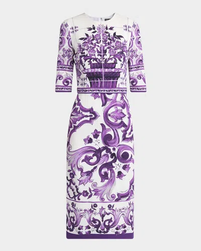 DOLCE & GABBANA MAJOLICA CHARMEUSE 3/4-SLEEVE MIDI DRESS