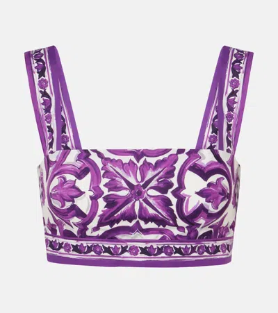 Dolce & Gabbana Cropped Printed Cotton-twill Top In Purple