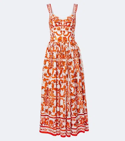 Dolce & Gabbana Pleated Printed Cotton-poplin Midi Dress In Orange