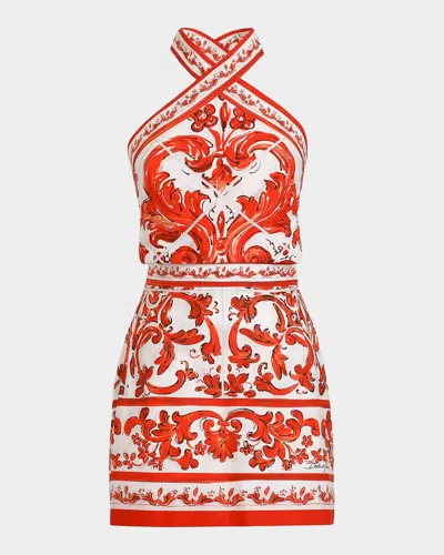 Dolce & Gabbana Majolica Cotton Poplin Mini Dress In Orange
