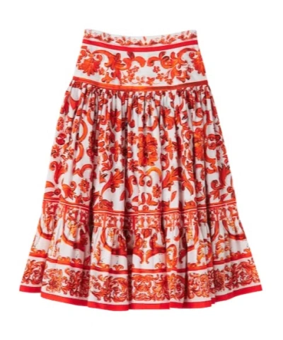 Dolce & Gabbana Majolica Cotton Poplin Skirt In Red