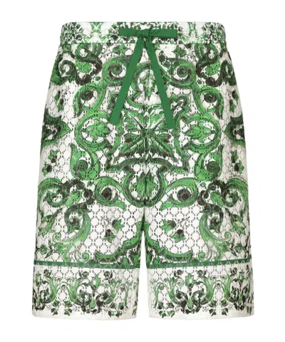 Dolce & Gabbana Majolica Crochet Lace Jogging Shorts In Green