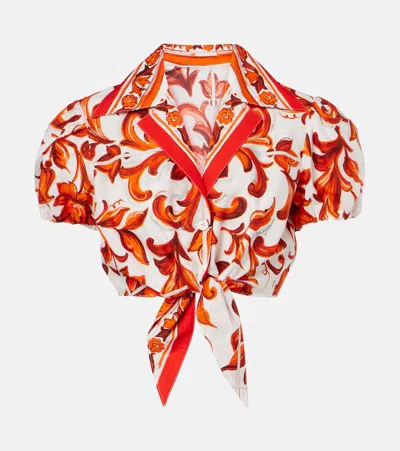 Dolce & Gabbana Majolica Cropped Cotton Poplin Blouse In Red