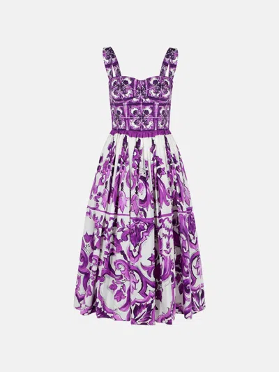 Dolce & Gabbana Majolica Dress In Cotton Poplin In Purple