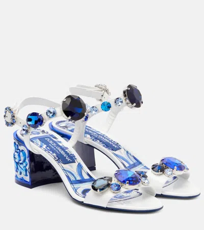Dolce & Gabbana Majolica Embellished Leather Sandals In Blue