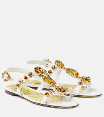 Dolce & Gabbana Bianca Crystal-embellished Patent-leather Sandals In White/multicolor