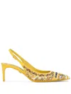 Dolce & Gabbana Maiolica Lollo Leather-trimmed Canvas-jacquard Slingback Pumps In Gelb