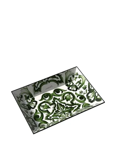 Dolce & Gabbana Majolica Floral Decorative Tray (26cm X 18.5cm) In Green
