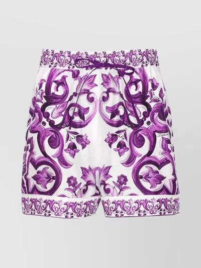 Dolce & Gabbana Majolica Floral Print Elasticized Waist Shorts In Purple