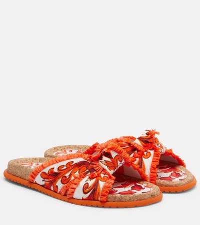 Dolce & Gabbana Majolica Fringed Brocade Slides In Orange