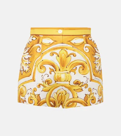 Dolce & Gabbana Majolica High-rise Cotton Shorts In Yellow