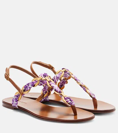 DOLCE & GABBANA MAJOLICA LEATHER-TRIMMED SATIN THONG SANDALS