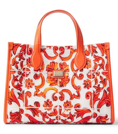 Dolce & Gabbana Majolica Leather-trimmed Canvas Tote Bag In Orange