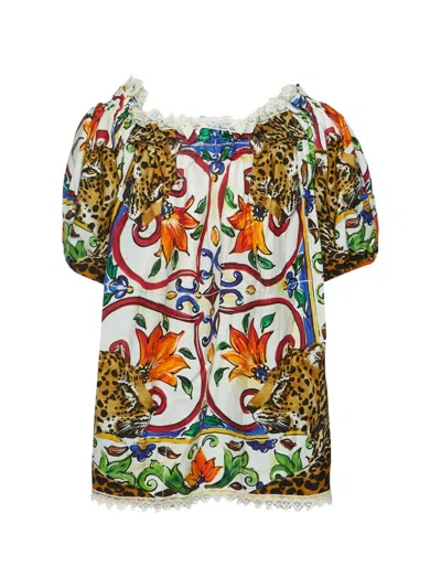 Pre-owned Dolce & Gabbana Majolica Leopard Print Blouse In White