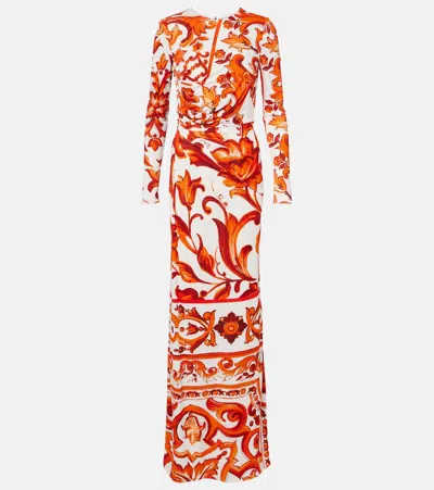 Dolce & Gabbana Majolica Organza Maxi Dress In Brown