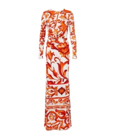 Dolce & Gabbana Majolica Organza Maxi Dress In Brown