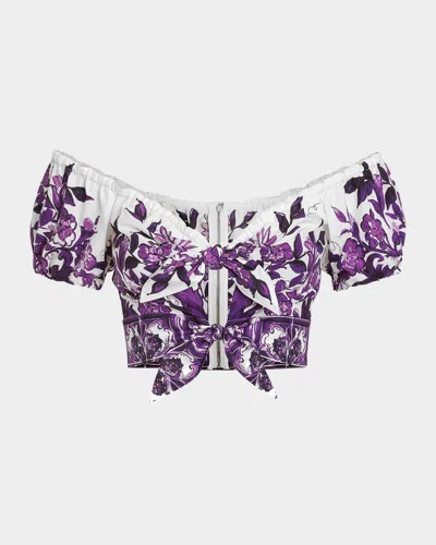 Dolce & Gabbana Majolica Poplin Off-the-shoulder Puff-sleeve Crop Top In Purple