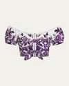 Dolce & Gabbana Majolica Poplin Off-the-shoulder Puff-sleeve Crop Top In Multi