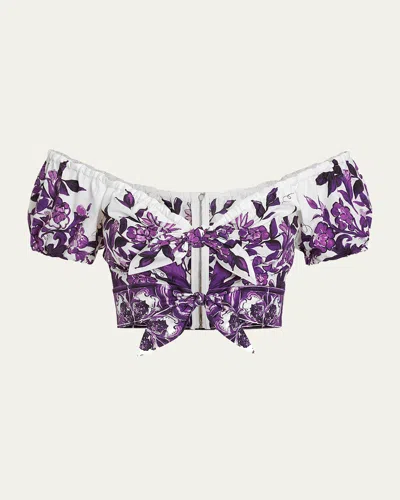 DOLCE & GABBANA MAJOLICA POPLIN OFF-THE-SHOULDER PUFF-SLEEVE CROP TOP