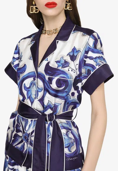 DOLCE & GABBANA MAJOLICA PRINT BELTED SILK SHIRT
